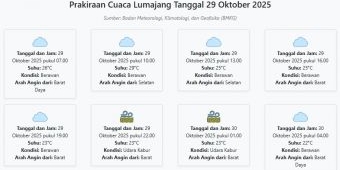 Prakiraan Cuaca Lumajang Hari ini Rabu, 29 Oktober 2025: Suhu 22-29°C, Kecepatan Angin 5.5 m/s.