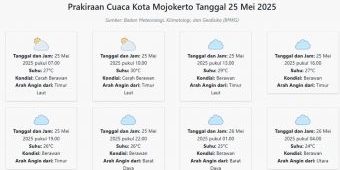 Prakiraan Cuaca Kota Mojokerto Hari ini Minggu, 25 Mei 2025: Suhu 24-30°C, Kecepatan Angin 11.7 m/s