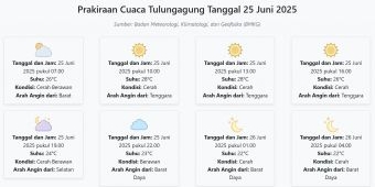 Prakiraan Cuaca Tulungagung Hari ini Rabu, 25 Juni 2025: Suhu 22-28°C, Kecepatan Angin 14.7 m/s