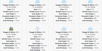 Cuaca Kota Madiun Hari ini Kamis, 30 Januari 2025: Diperkirakan Hujan Ringan dengan Suhu 23-27 °C