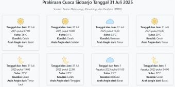 Cuaca Sidoarjo Hari ini Kamis, 31 Juli 2025: Diperkirakan Cerah dengan Suhu 22-32°C