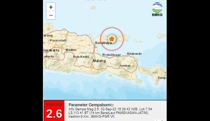Keterangan gempa bumi yang terjadi di Kabupaten Pamekasan.
