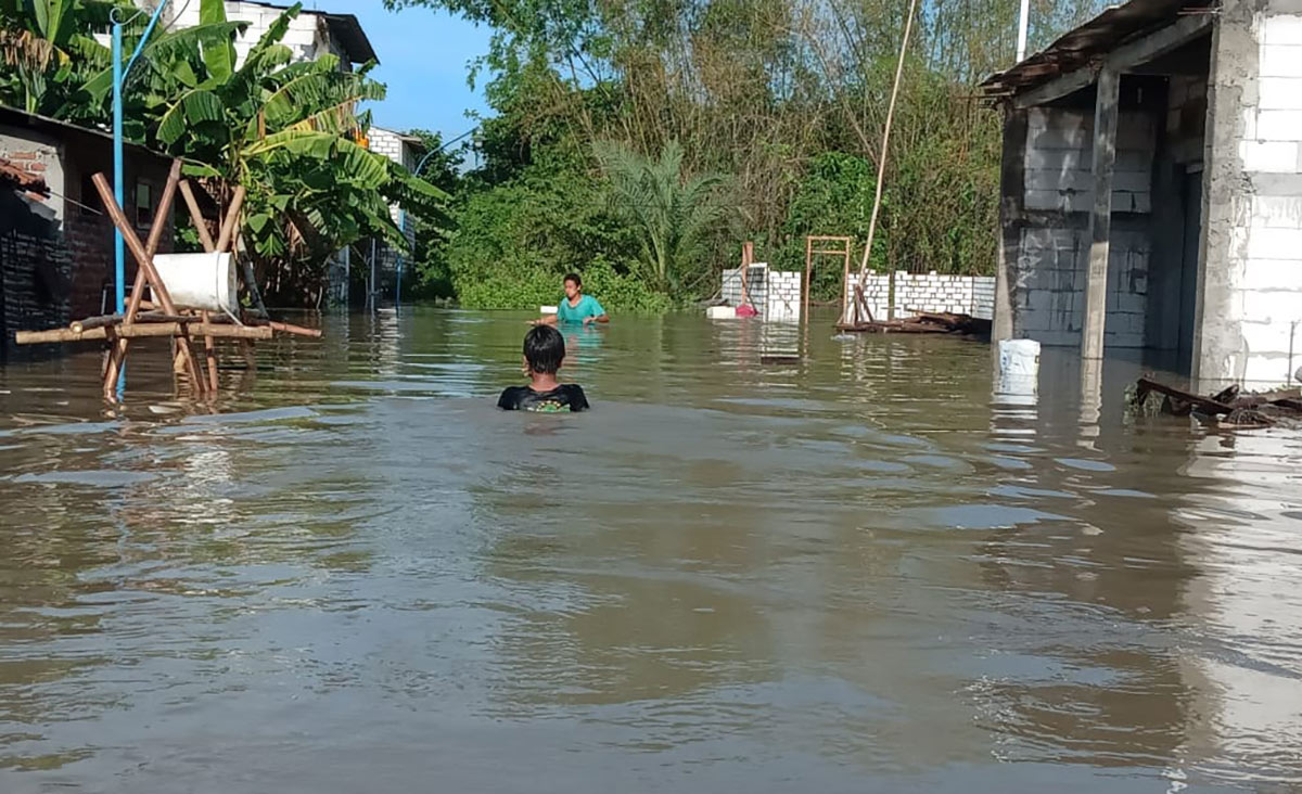 Kondisi banjir luapan Kali Lamong yang merendam Desa Cermen Kecamatan Kedamean. foto: SYUHUD/ BANGSAONLINE