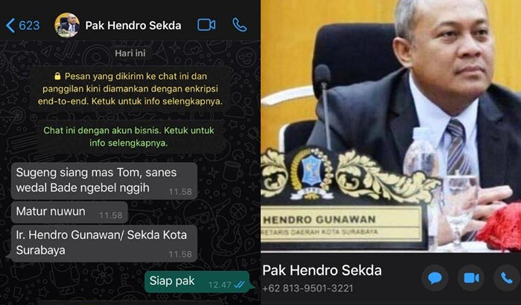 Screenshot chat di WhatsApp yang mengaku atas nama Sekda Kota Surabaya Hendro Gunawan. foto: ist