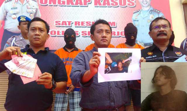 Petugas saat menunjukkan tersangka beserta barang bukti. Inset, foto korban semasa hidup. foto: catur 
