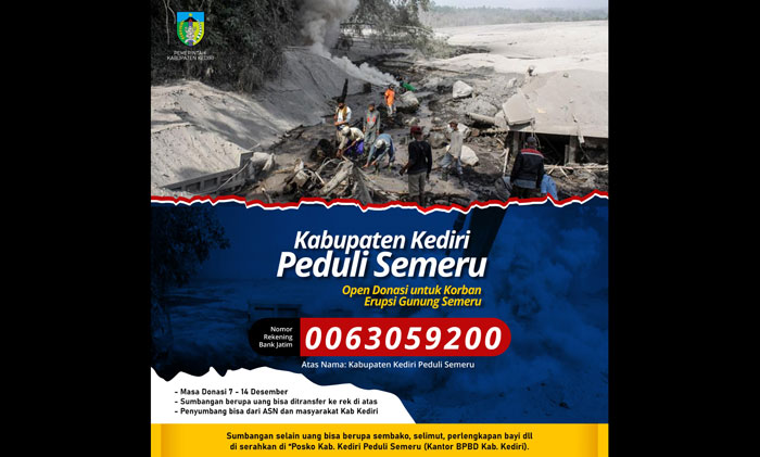 Pemkab Kediri resmi membuka rekening sebagai wadah penggalangan donasi bagi korban erupsi Gunung Semeru.
