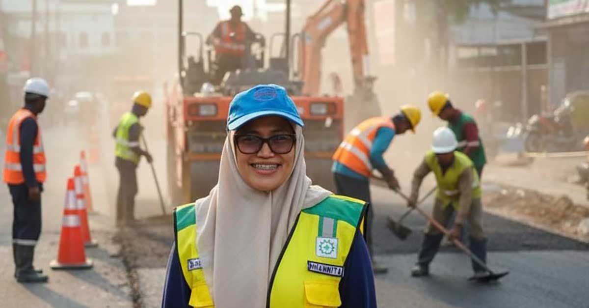 Kepala DPUTR Gresik, Dhiannita Tri Astuti, saat meninjau pengerjaan jalan. Foto: Ist