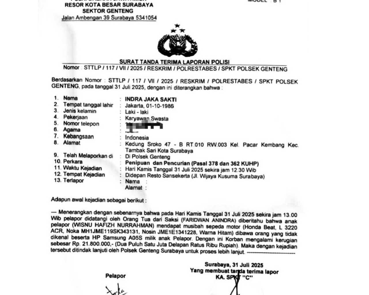 Laporan polisi peristiwa pembegalan siswa SMK Rajasa