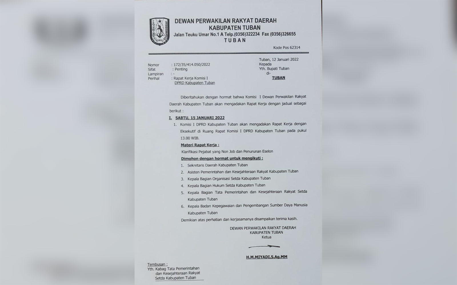 Komisi I DPRD Tuban Kembali Panggil Eksekutif, Tagih Data Terkait Pegawai Non-Job