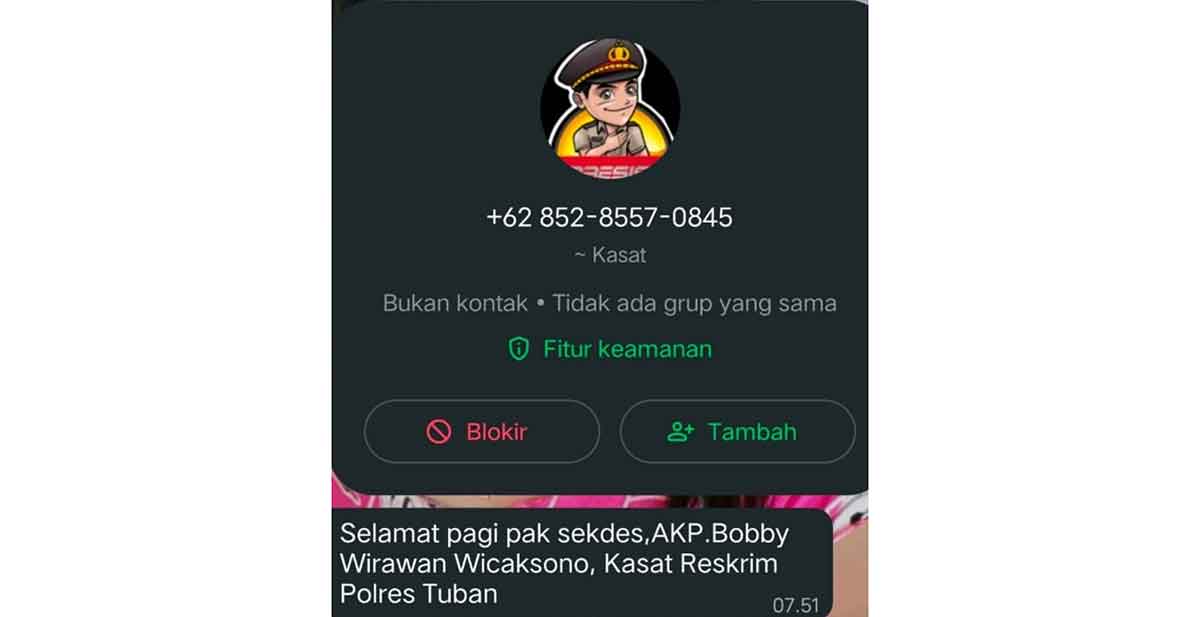 Tangkapan layar modus penipuan yang mengatasnamakan Kasatreskrim Polres Tuban.