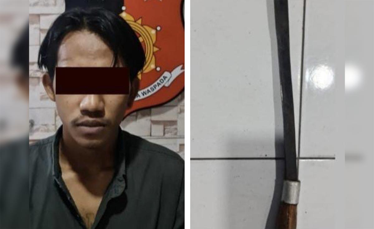 IDM, pelaku begal saat diamankan di Polsek Krembangan. Foto kanan, barang bukti sajam yang digunakan pelaku untuk menakut-nakuti korban.