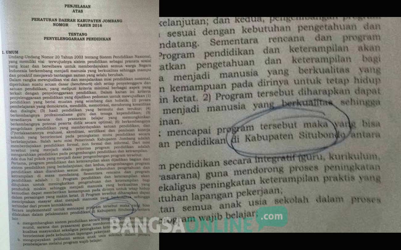 Lembaran draft raperda pendidikan Pemkab Jombang yang diduga copas dari Situbondo. foto: BANGSAONLINE