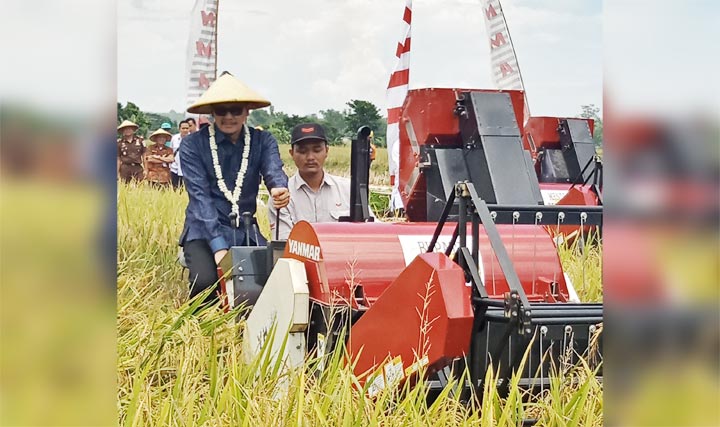 Hasan Aminuddin uji coba alat panen baru saat menghadiri Panen Raya di Desa Nguling, Kecamatan Nguling, Kabupaten Pasuruan.