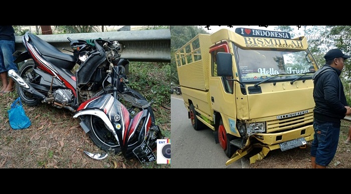 Kiri: Kondisi motor korban yang rusak parah usai terlibat laka-lantas dengan truk engkel. Kanan: Kondisi truk engkel yang hanya rusak di bagian bemper depan saja.