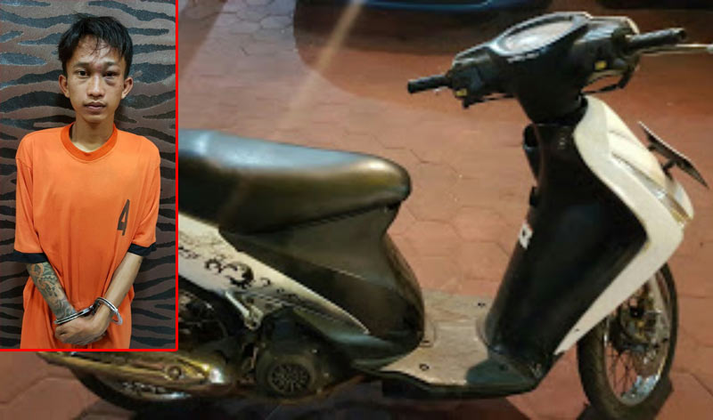 Barang bukti motor yang diamankan. Inset, pelaku WL dengan kondisi bonyok.