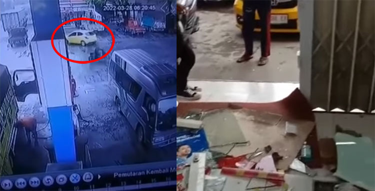 Rekaman CCTV Saat Mobil Brio Berwarna Kuning Menabrak Alfamart, Senin (28/3)