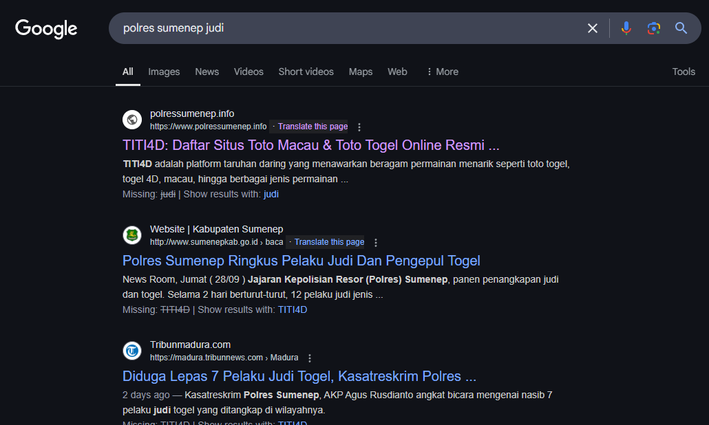 Tangkapan layar pencarian yang memperlihatkan adanya konten judi online