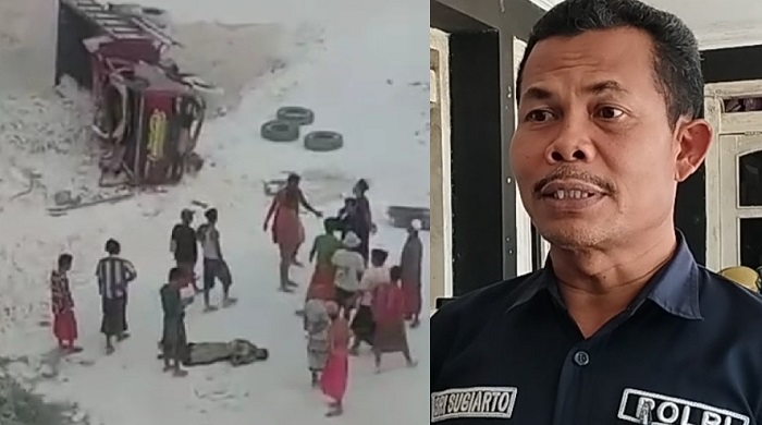 Truk bermuatan batu bata yang terjatuh di tambang galian C Desa Lesong Daya, Kecamatan Batumarmar, Kabupaten Pamekasan. Foto kanan, Kasi Humas Polres Pamekasan Iptu Sri Sugiarto saat diwawancarai.   
