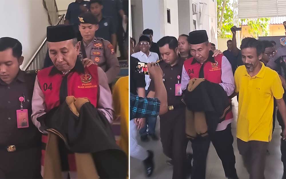 Eks Plt. Dirut PT Sumber Daya, MK, digelandang petugas usai menjalani pemeriksaan oleh penyidik tipikor di Kejaksaan Negeri Bangkalan, Selasa (27/8/2024).