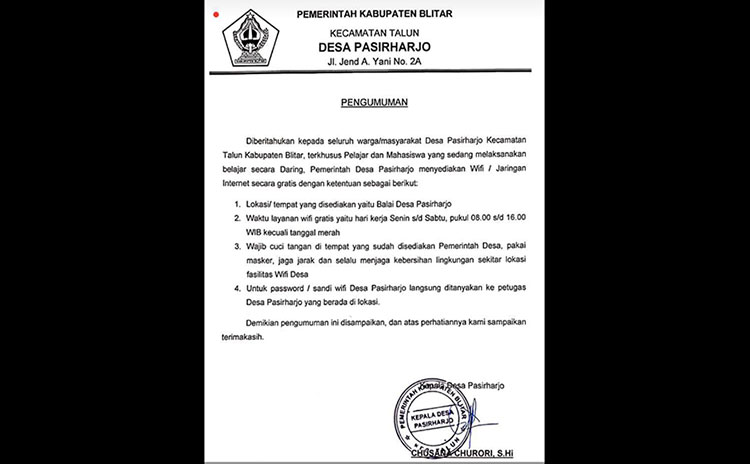 Pengumuman dari Pemdes Pasirharjo mengenai Wifi gratis. (foto: ist).