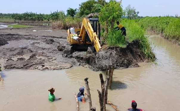 Proses perbaikan salah satu titik tanggul anak Kali Lamong di Desa Dadapkuning