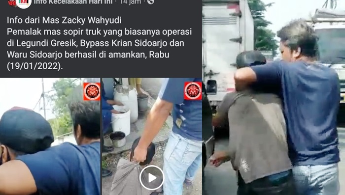 Kiri: Viral video penangkapan terduga preman pemalak para sopir truk. Kanan: Pelaku memakai kaos coklat diamankan teman sopir yang berkaos biru.