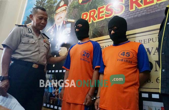 Dua tersangka yang ditahan petugas karena kedapatan membawa satu truk kayu mahoni tanpa dokumen lengkap. foto: ROMZA/ BANGSAONLINE