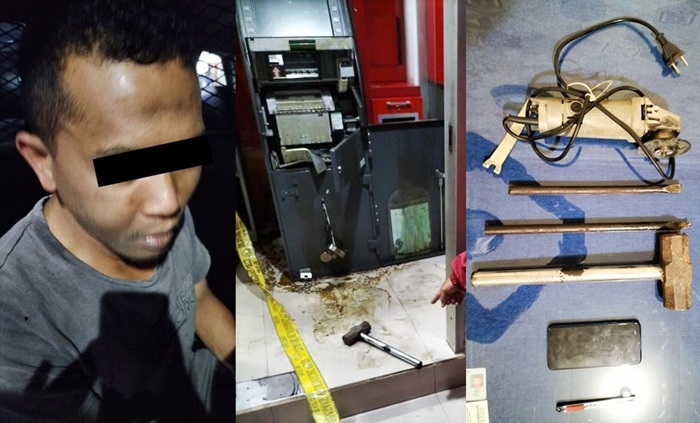 Pelaku pembobol, kodisi mesin ATM usai dibobol, serta peralatan yang dipakai pelaku dalam membobol  mesin ATM.