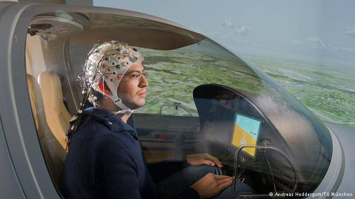 ?ujicoba simulator terbang, yang operasionalnya cukup dikendalikan dengan otak, melalui topi EEG. foto:repro dw.de