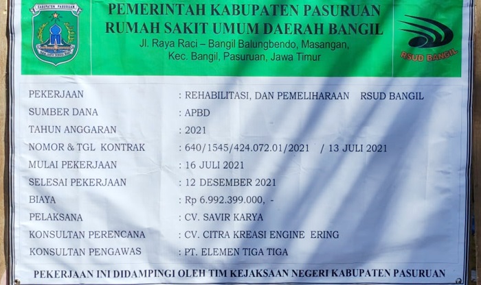 Deskripsi rehabilitasi dan pemeliharaan RSUD Bangil, Pasuruan.