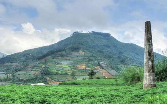 Tugu Legetang, sebagai pengingat tewasnya 332 warga dan 19 orang tamu Desa Legetang akibat potongan Gunung Pengamun-amun (tampak di belakang tugu) yang jatuh menimpa Desa tersebut. Dari 351 orang yang tewas, hanya 1 jasad yang bisa dievakuasi. foto: ilustrasi/pintarin
