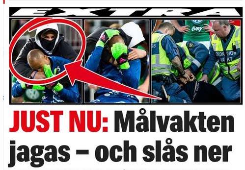 Momen saat kiper diserang dari belakang oleh pria bertopeng.  Kejadian ini menjadi berita headlines di beberapa surat kabar Eropa. foto: repro mirror.co.uk