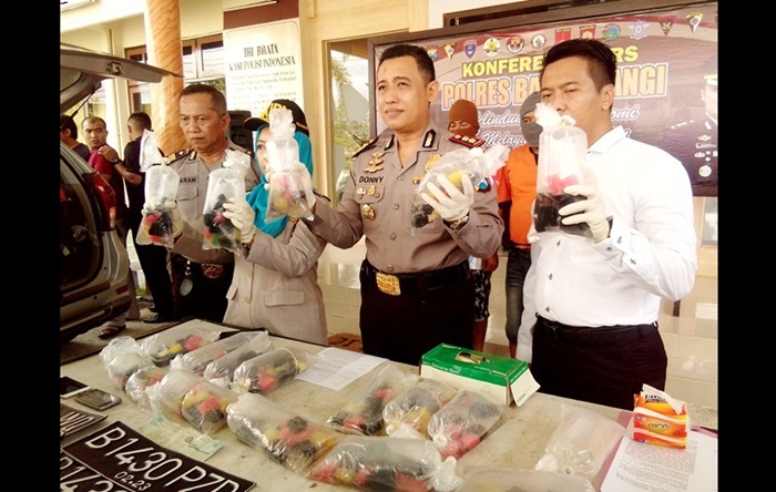 Kapolres dan petugas karantina memamerkan baby lobster ke awak media.

