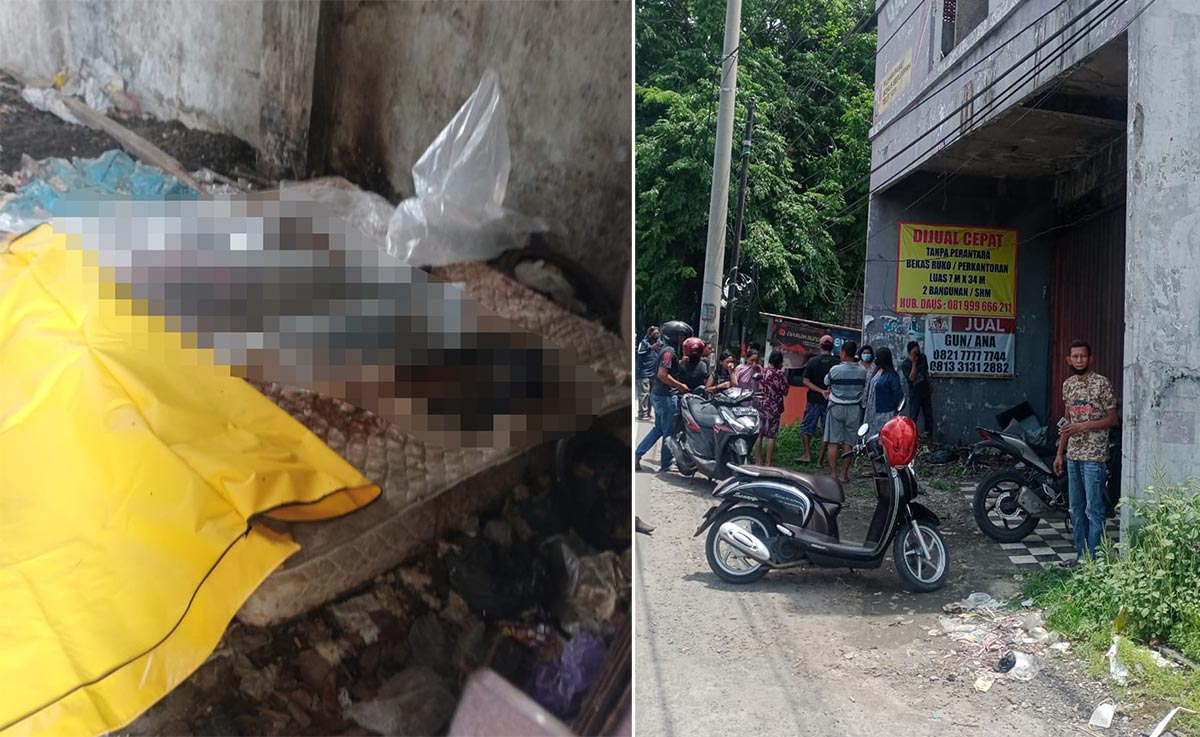 Kondisi mayat korban saat ditemukan. Foto kanan, gudang lokasi penemuan mayat.