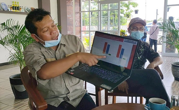 Sufyanto, Founder The Republic Institute saat menunjukan hasil survei dua paslon jelang Pilbup Ponorogo 2020.