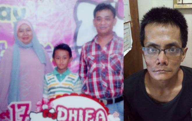 Korban Ravi Perdana Saputra bersama kedua orang tuanya saat perayaan ulang tahun ke-12. Inset: Tersangka Bagus Raditya. foto: BANGSAONLINE