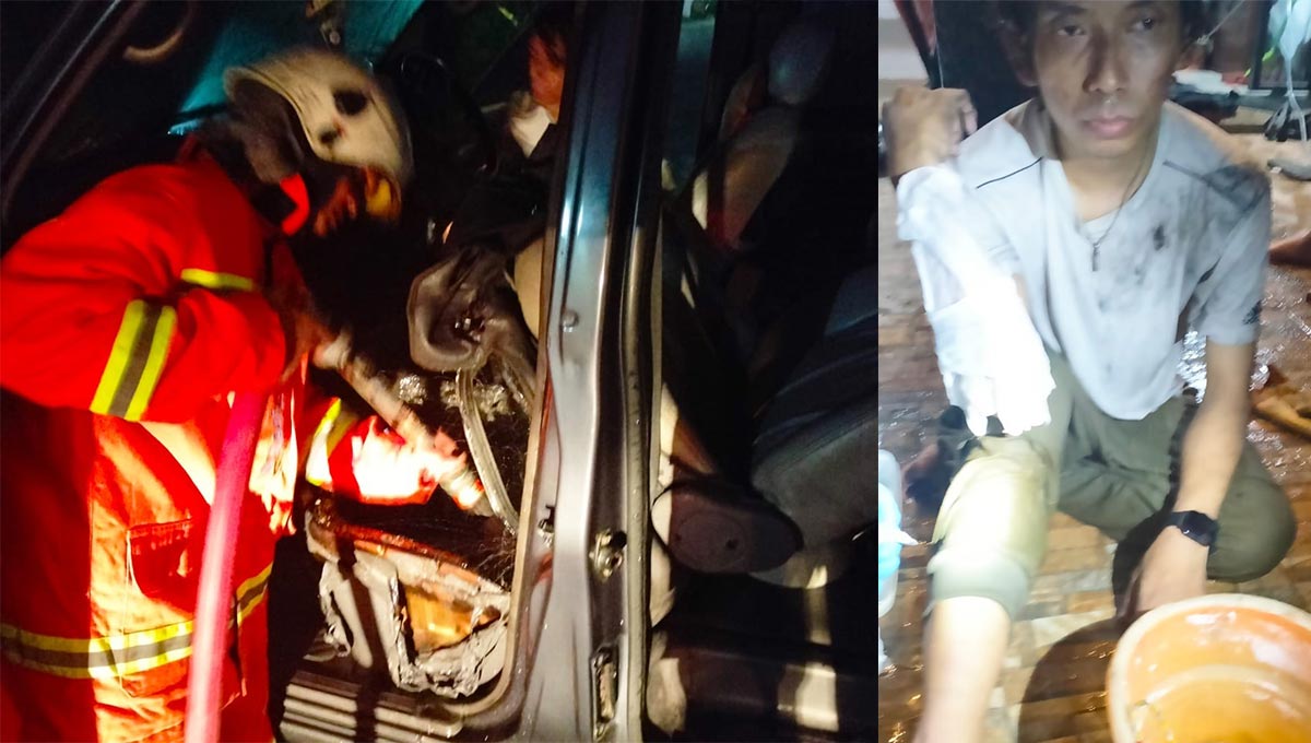 Kondisi mobil usai dilalap api. Foto kanan, pemilik mobil mengalami luka bakar setelah berupaya memadamkan api sendiri.