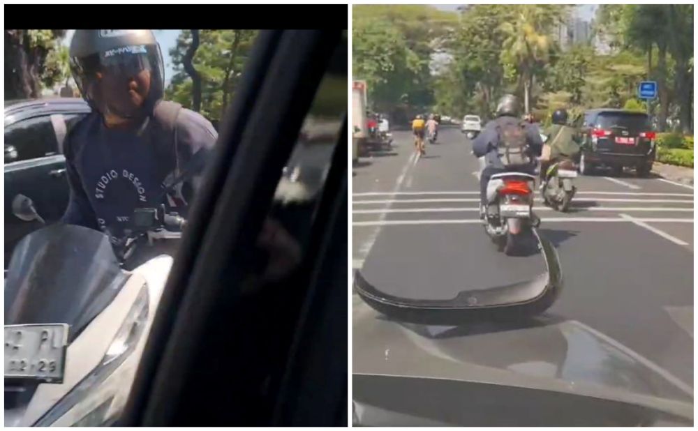 Tangkapan layar video viral pemotor yang rusak mobil di Tenggilis Mejoyo