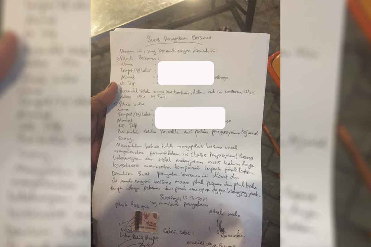 Surat kesepakatan kedua belah pihak yang tertolak oleh Kaposek Sukolilo.