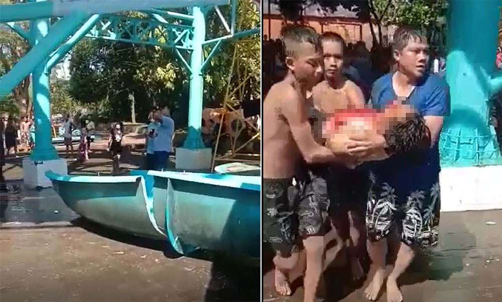 Potongan video yang menunjukkan patahan perosotan. Foto kanan, salah satu korban sedang digotong pengunjung lain untuk dievakuasi.