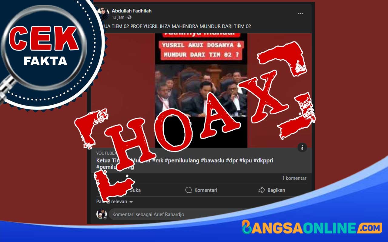 Tangkapan layar dari postingan akun facebook yang menginformasikan bahwa Yusril Ihza Mahendra Mundur dari Tim Hukum Prabowo-Gibran.
