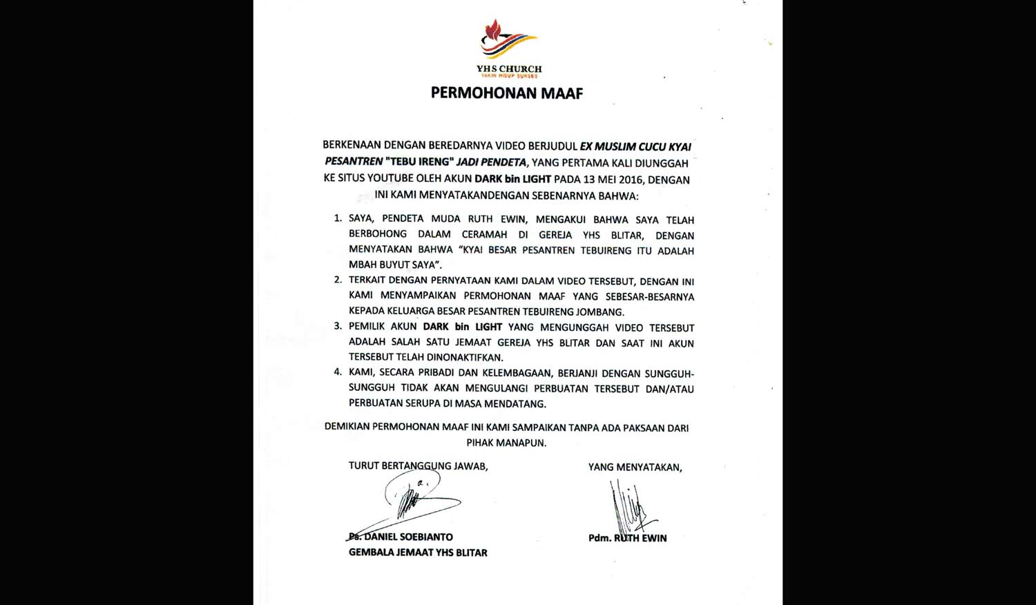 Akui Berbohong, Pendeta Ruth Ewin Minta Maaf Terbuka Lewat HARIAN BANGSA dan Jawa Pos