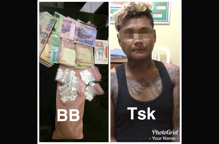 Junaidi Sahara beserta sejumlah barang bukti saat diamankan Satres narkoba Polres Blitar. foto: AKINA/ BANGSAONLINE