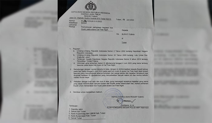 Surat dari Kapolres Tuban untuk pemerintah daerah setempat soal giat Car Free night.