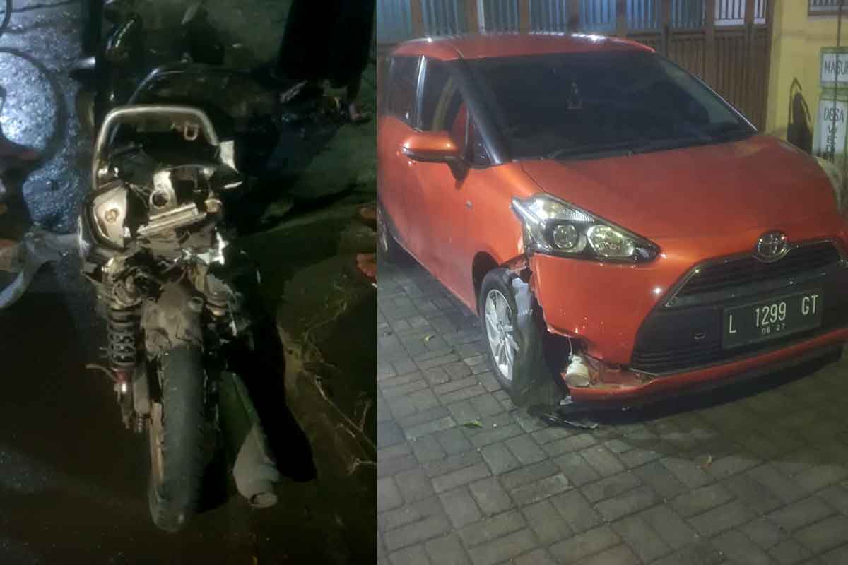 Kondisi kendaraan yang digunakan korban usai mengalami kecelakaan di Jalan Raya Brigjen Katamso, Kecamatan Waru, Sidoarjo, Rabu (1/3/2023).