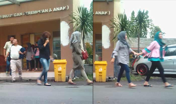 KN (kemeja hitam) dan FA (kerudung hijau) didampingi orang tuanya berada di depan kantor Unit PPA Satreskrim Polresta Sidoarjo.