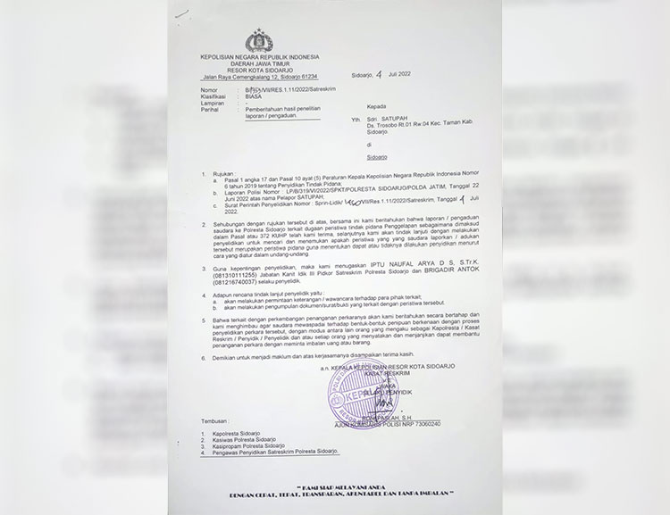 Surat kepolisian Sidoarjo tentang laporan penyelewengan Bantuan Pangan Non Tunai (BPNT).