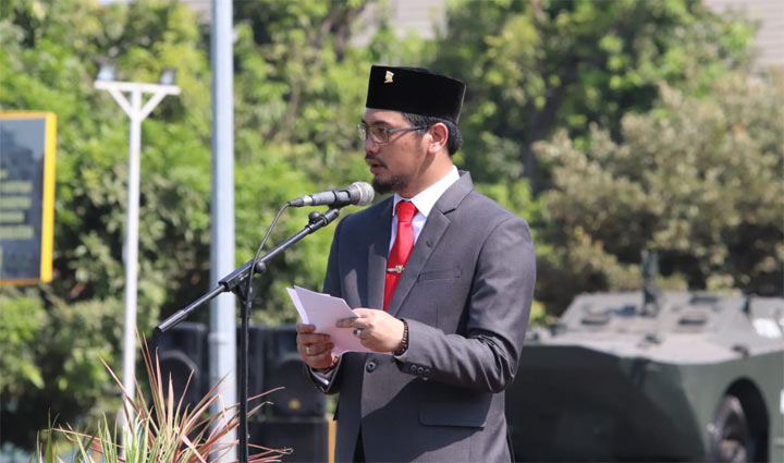 Plt. Wali Kota Pasuruan Raharto Teno Prasetyo saat membacakan amanat Menpora RI Zainudin Amali.