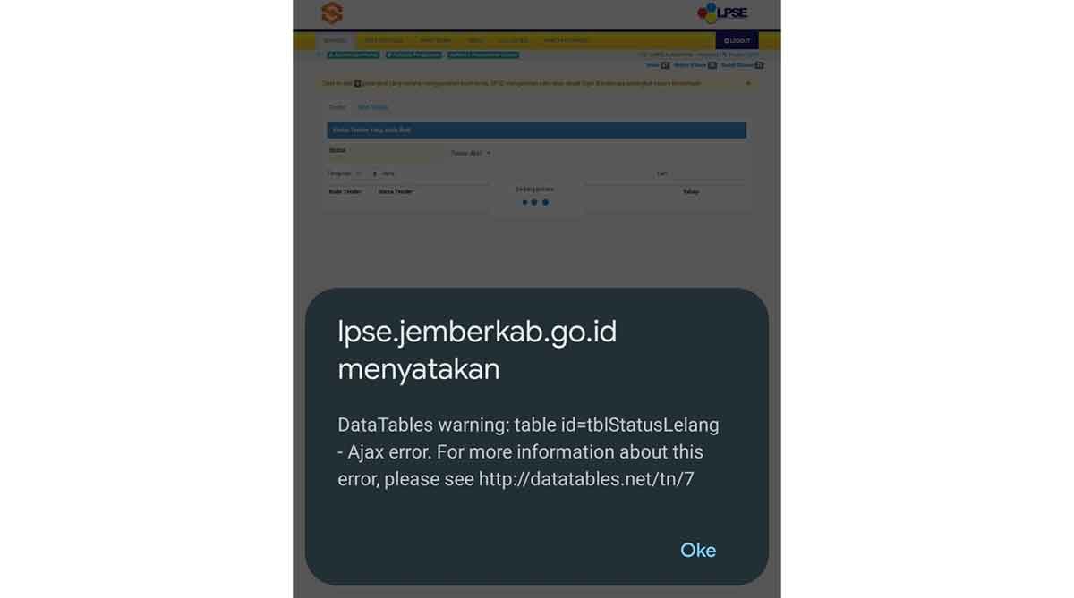 Tangkapan layar LPSE yang mengalami gangguan.