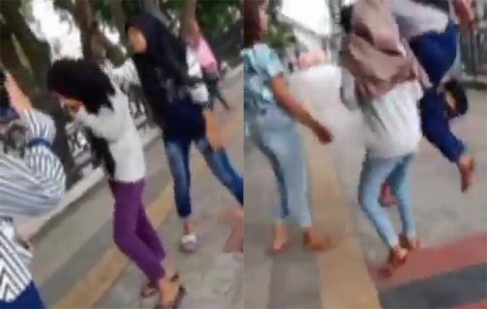Viral, Video Remaja Putri Berkerudung Keroyok Temannya Sendiri di Alun-Alun Gresik